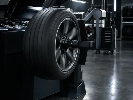 Car wheel spinning on a wheel balancing machine in a dark workshop