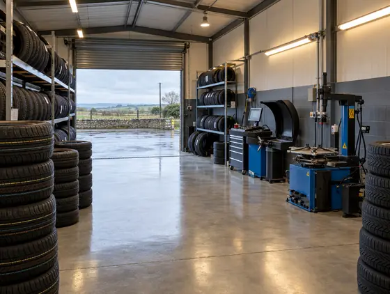 Clean modern tyre bay in Ennis with racks of new tyres and the roller door open to wet tarmac