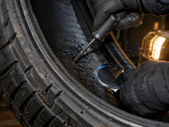 Close-up of a puncture repair with gloved hands working inside the tyre tread
